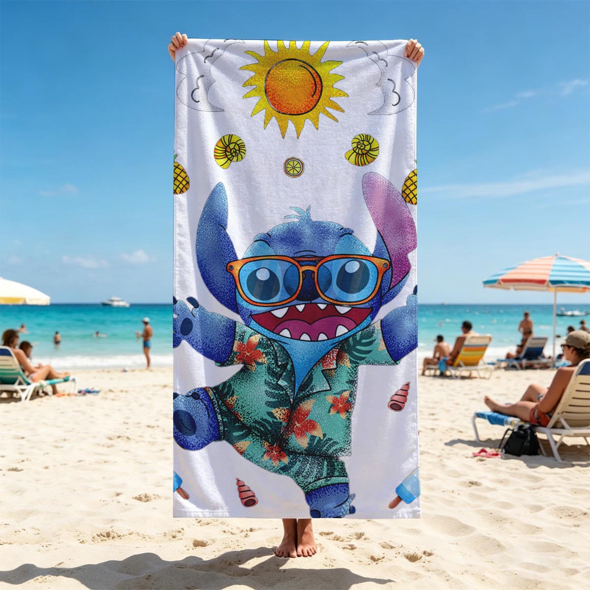 Stitch in Tropical Paradise with Sunglasses and Hawaiian Shirt - Beach towels