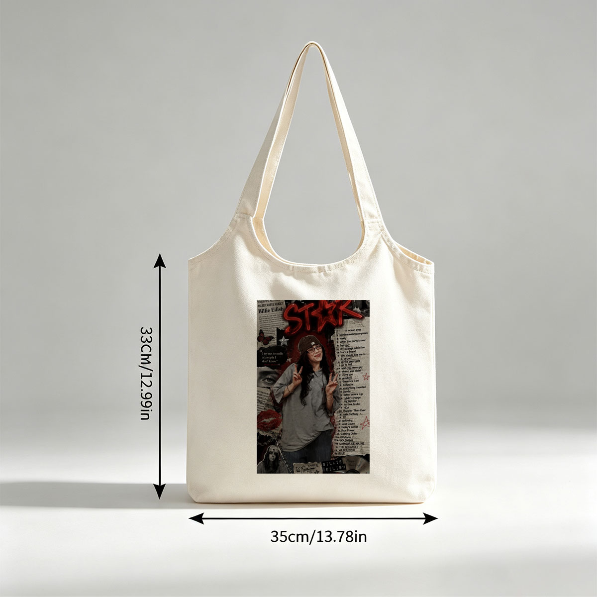 Billie Eilish Fan Art Collage Featuring a Person in a Beanie Making Peace Signs with Lyrics and Quotes - Canvas shoulder bags/