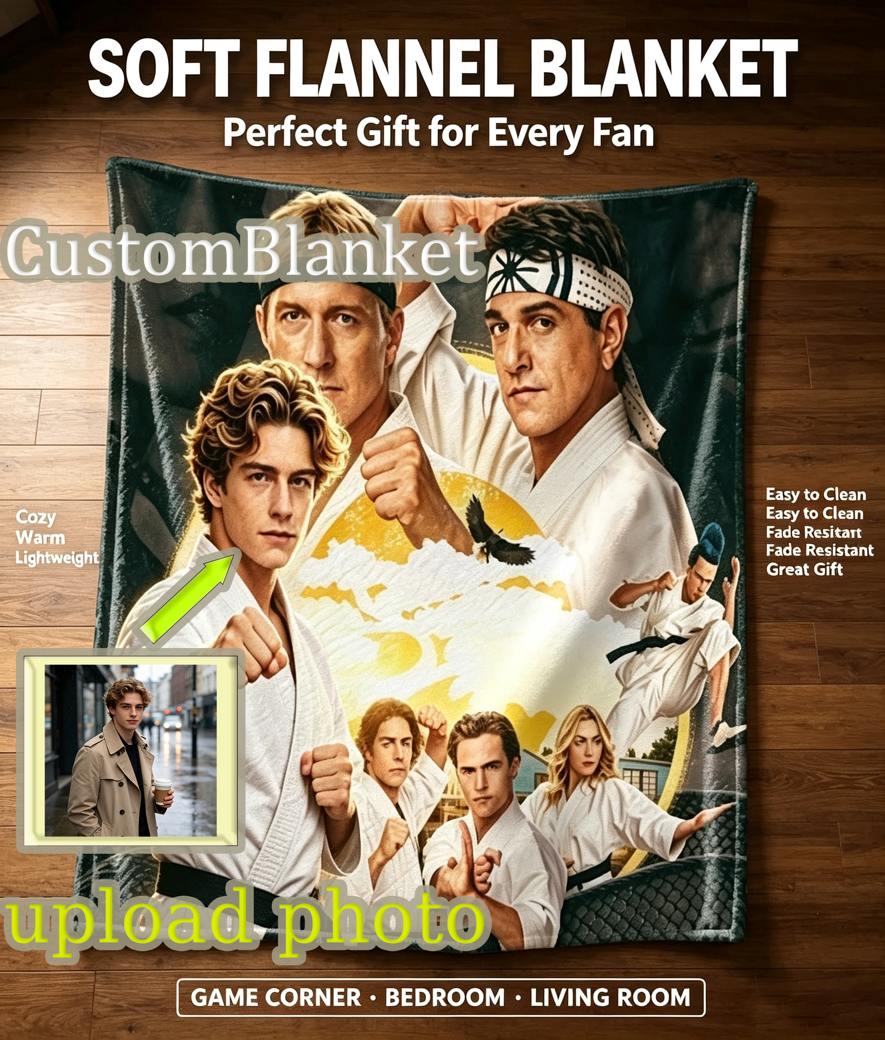 Custom Face Blanket Cobra Kai Karate Dojo Flannel Blanket for Fans Movie Poster Gift or Giveaway