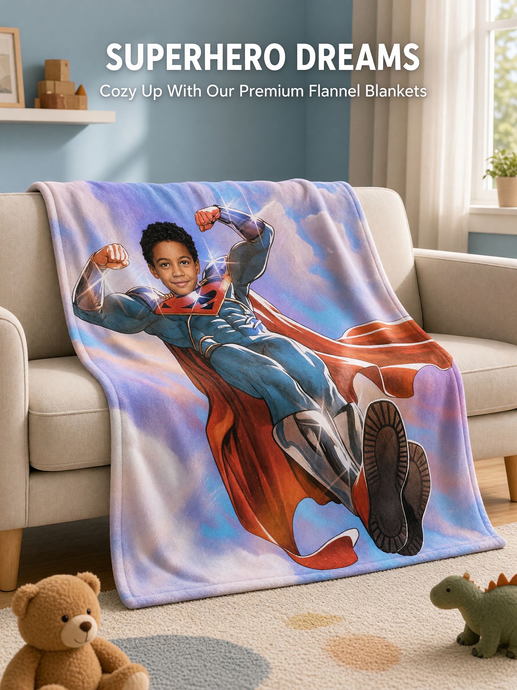 Custom Superhero Face Photo Blanket Personalized Flannel Fleece Throw Soft Anti-Pilling Keepsake Gift for Kids Boys