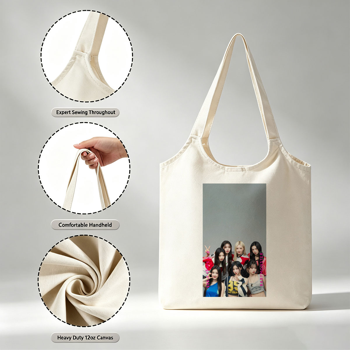BABYMONSTER Group Photo - Seven Members Posing in Casual Outfits with Playful Expressions and Hand Gestures - Canvas shoulder bags/