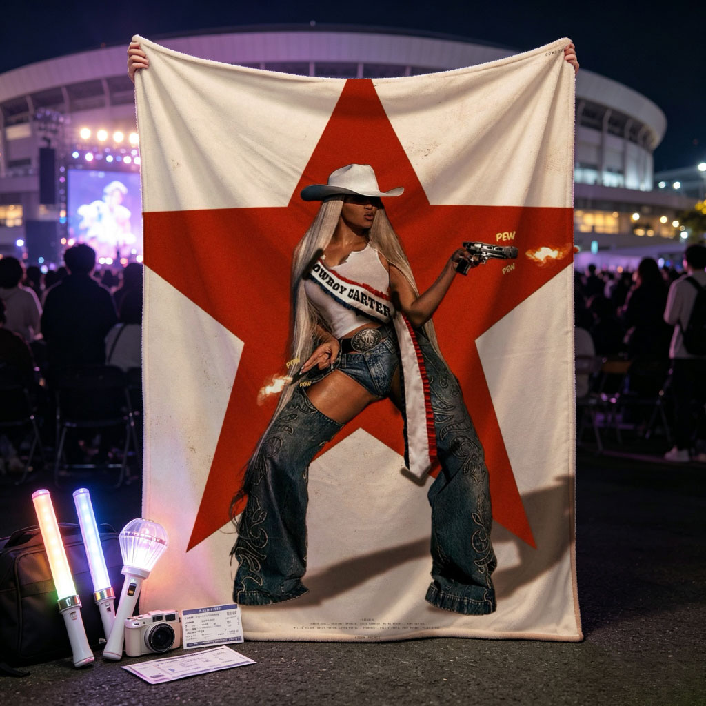 Cardi B in Cowboy Outfit Holding Guns Against Red Star Background - Blankets