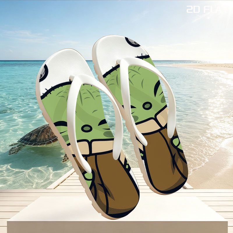 Baby Yoda Hugging a Cup with Stars and Droid in Background -  flip-flops