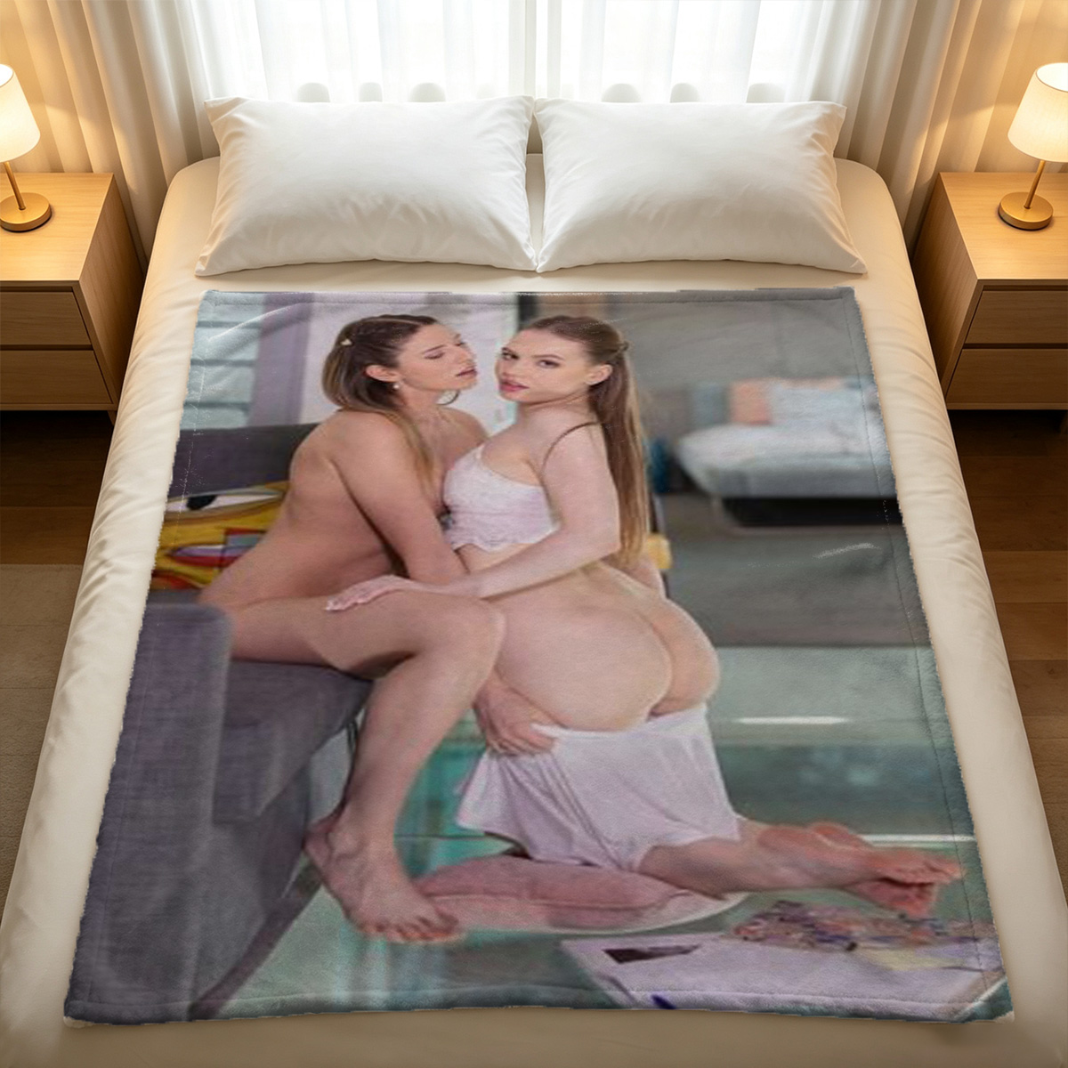 Back view of curvaceous woman in blue thong posing in elegant room with plants and leather chair. - Blanket
