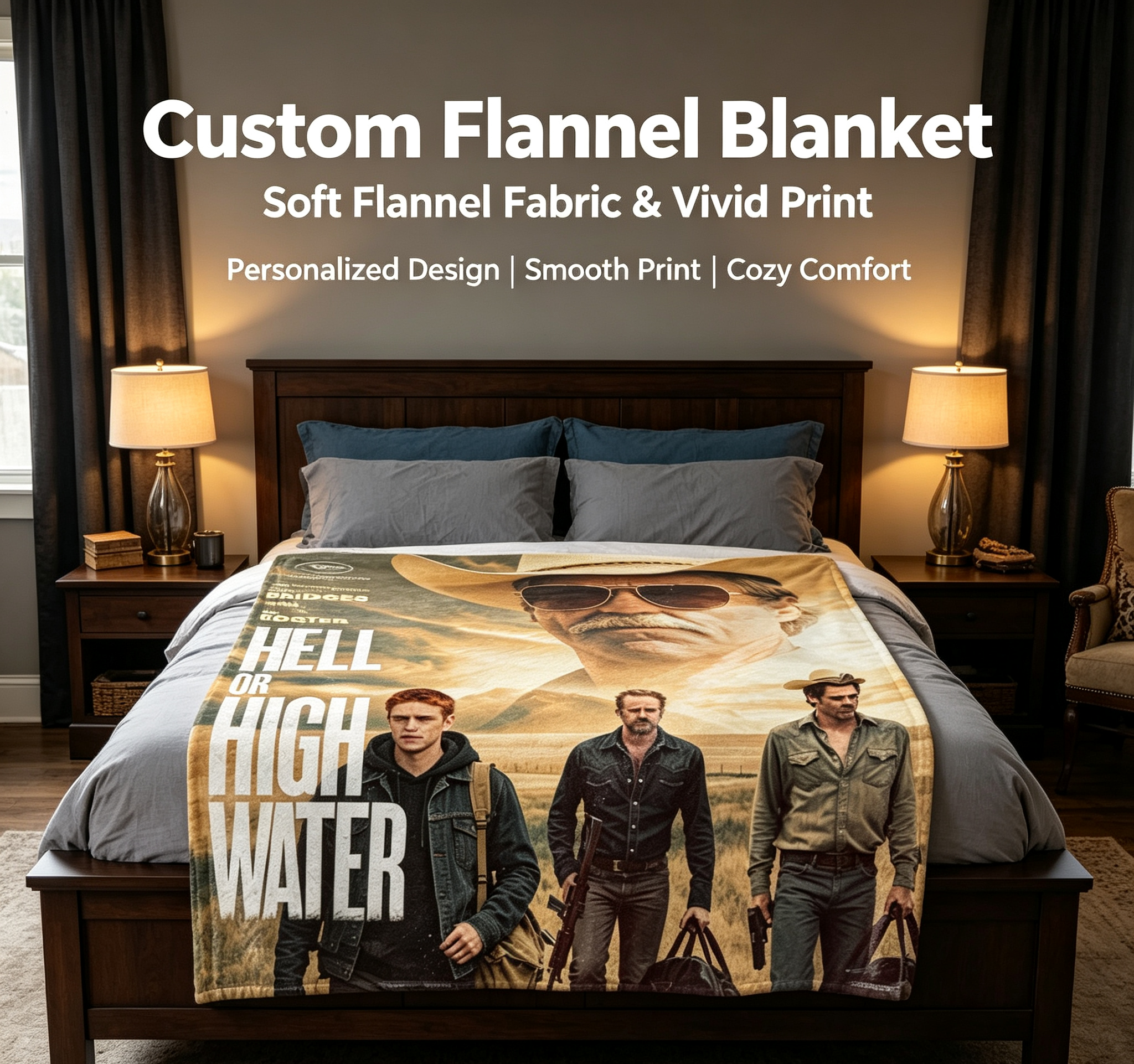 Custom Face Blanket Hell or High Water Movie Poster Flannel Blanket Perfect for Couch Watching and Movie Nights Ideal Gift for Fans of Western Films and Chris Pine