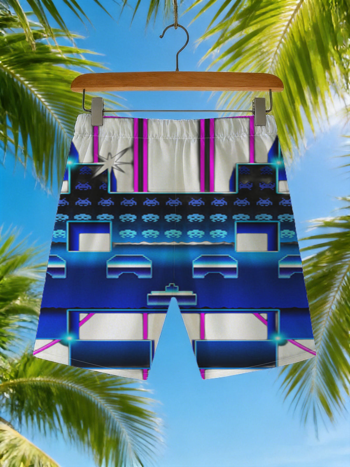 Space Invaders: Classic Arcade Game with Pixel Aliens and Neon Platforms -  Beach shorts