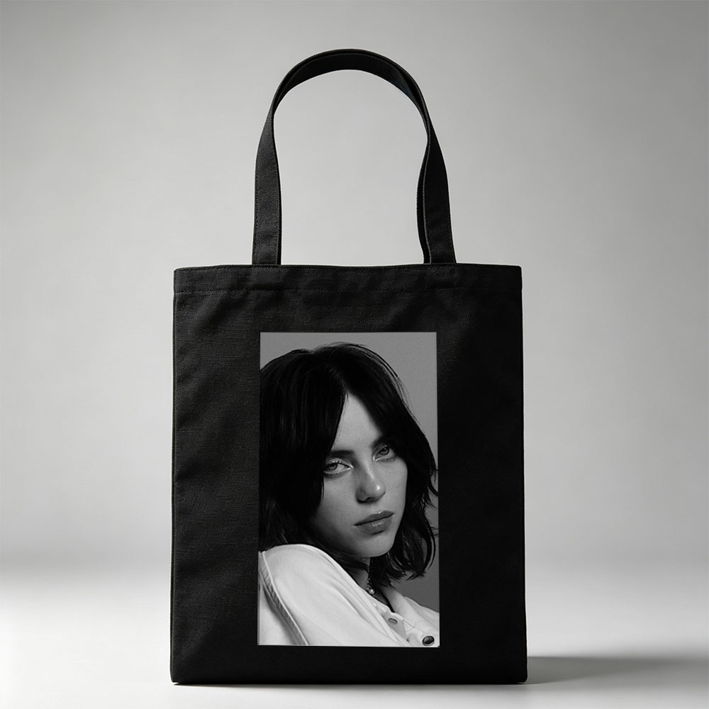 Billie Eilish in a Monochrome Portrait Wearing a White Shirt with a Delicate Necklace - Canvas tote bags