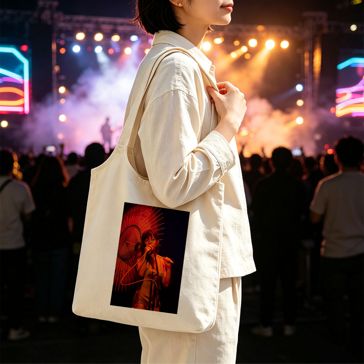 Misia Performing on Stage with a Traditional Umbrella and Microphone - Canvas shoulder bags/