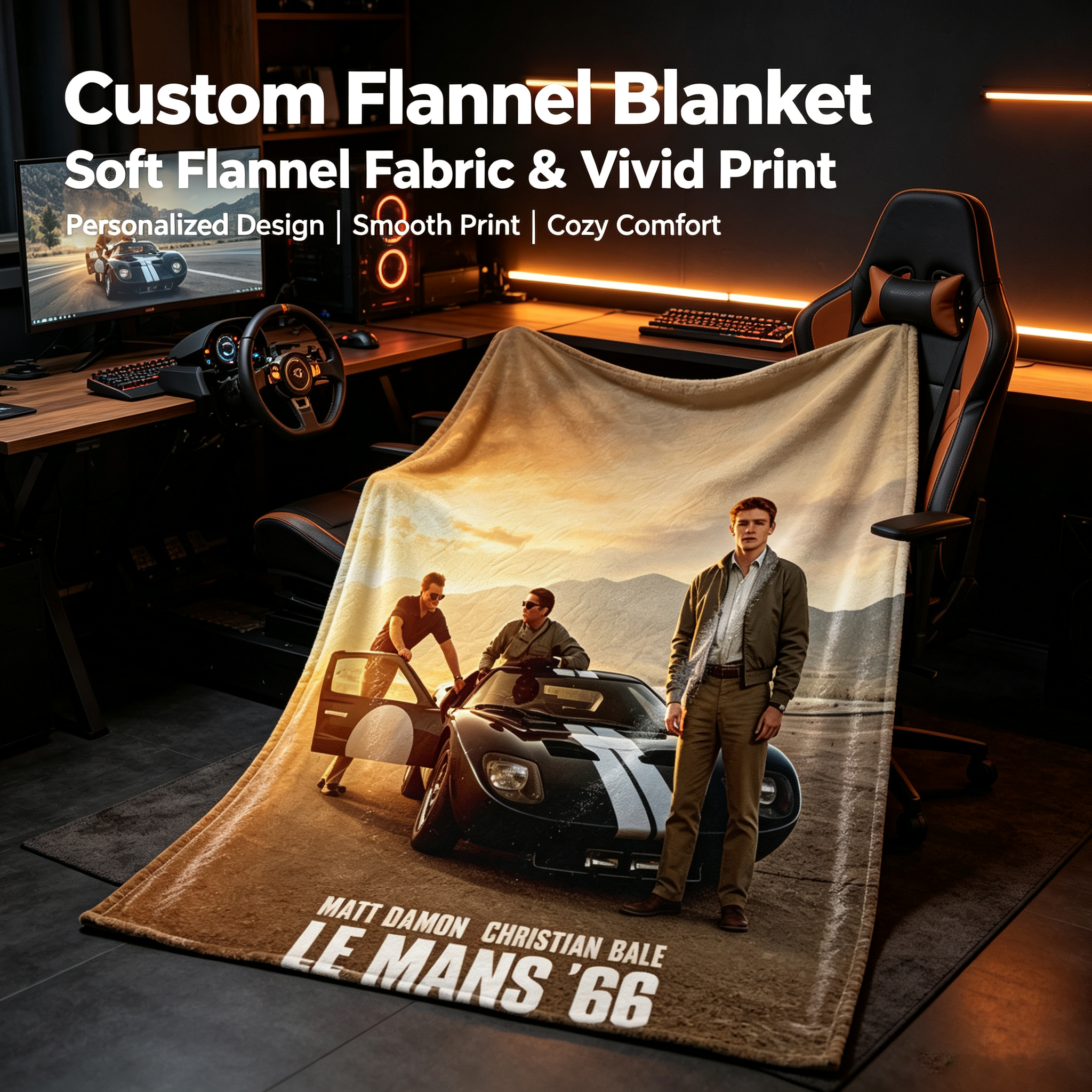 Custom Face Blanket Featuring Le Mans '66 Movie Characters Matt Damon and Christian Bale Flannel Blanket for Car Enthusiasts and Movie Fans Perfect Gift or Giveaway Item