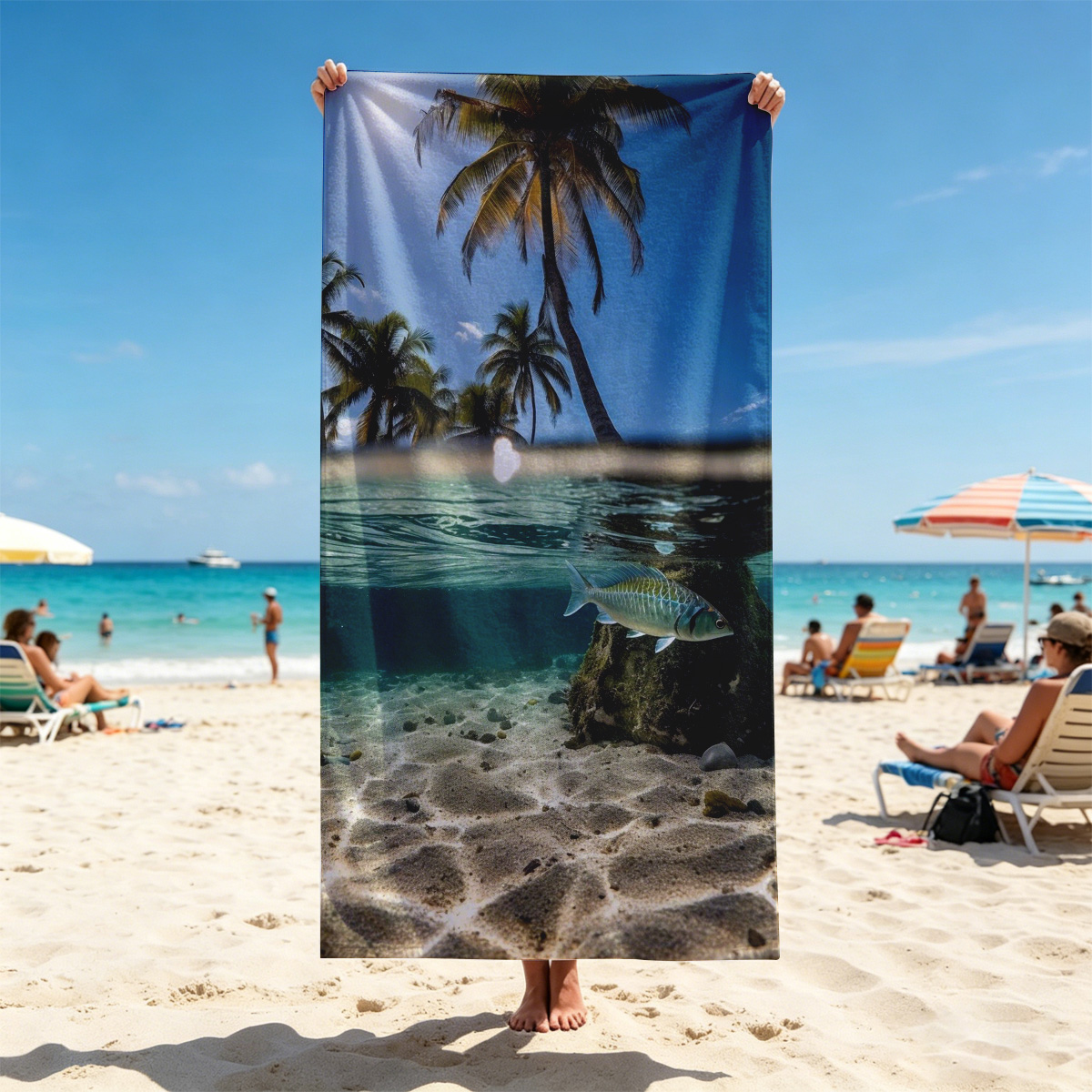 Tropical paradise with palm trees and a fish swimming underwater - Beach towels