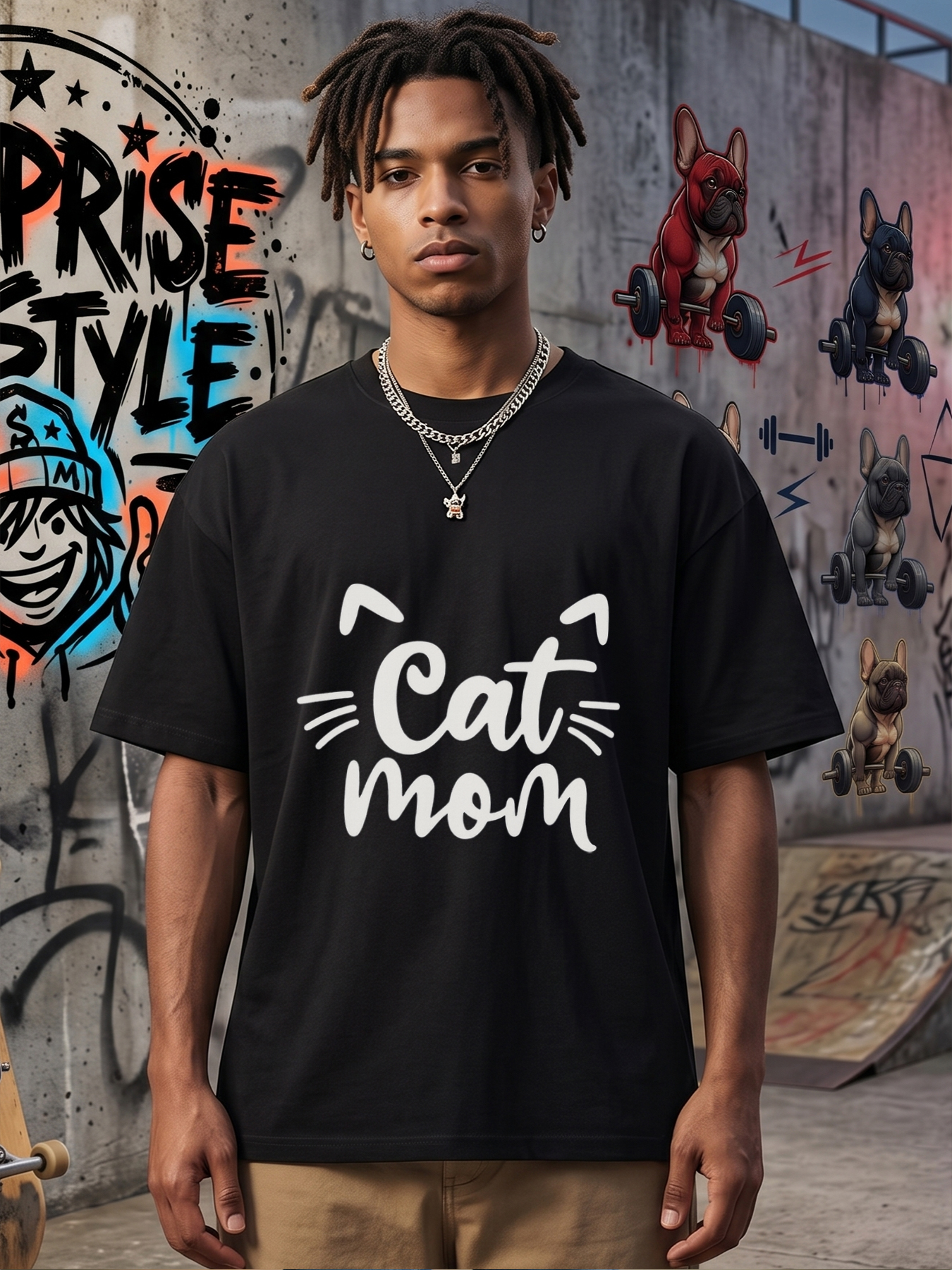 Men's Cat Mom Print T-Shirt with Cute Kitty Ears and Whiskers Design, Casual Round Neck Lightweight Breathable Summer Short Sleeve Tee for Cat Lovers, Pet Owners, and Animal Enthusiasts