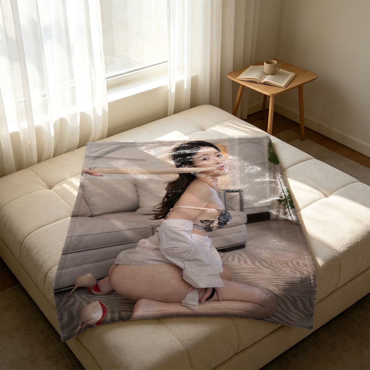 A woman in an unbuttoned white polka-dot shirt holding a moka pot in the kitchen. - Blanket