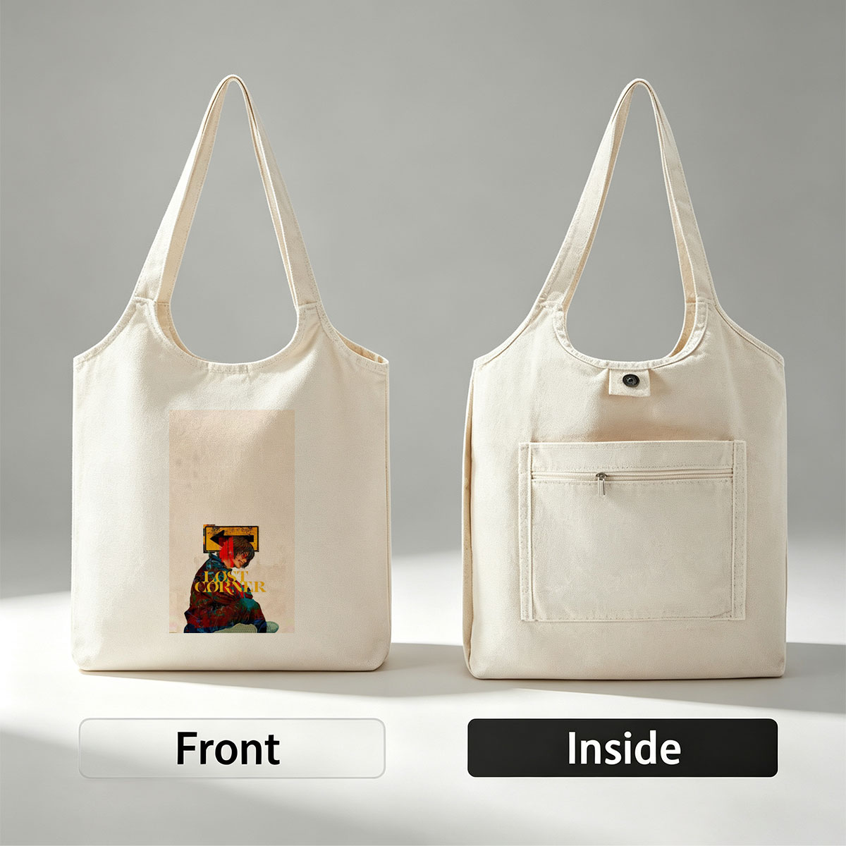 Lost Corner Artist in Colorful Jacket with Arrow Sign and Text Overlay - Canvas shoulder bags/