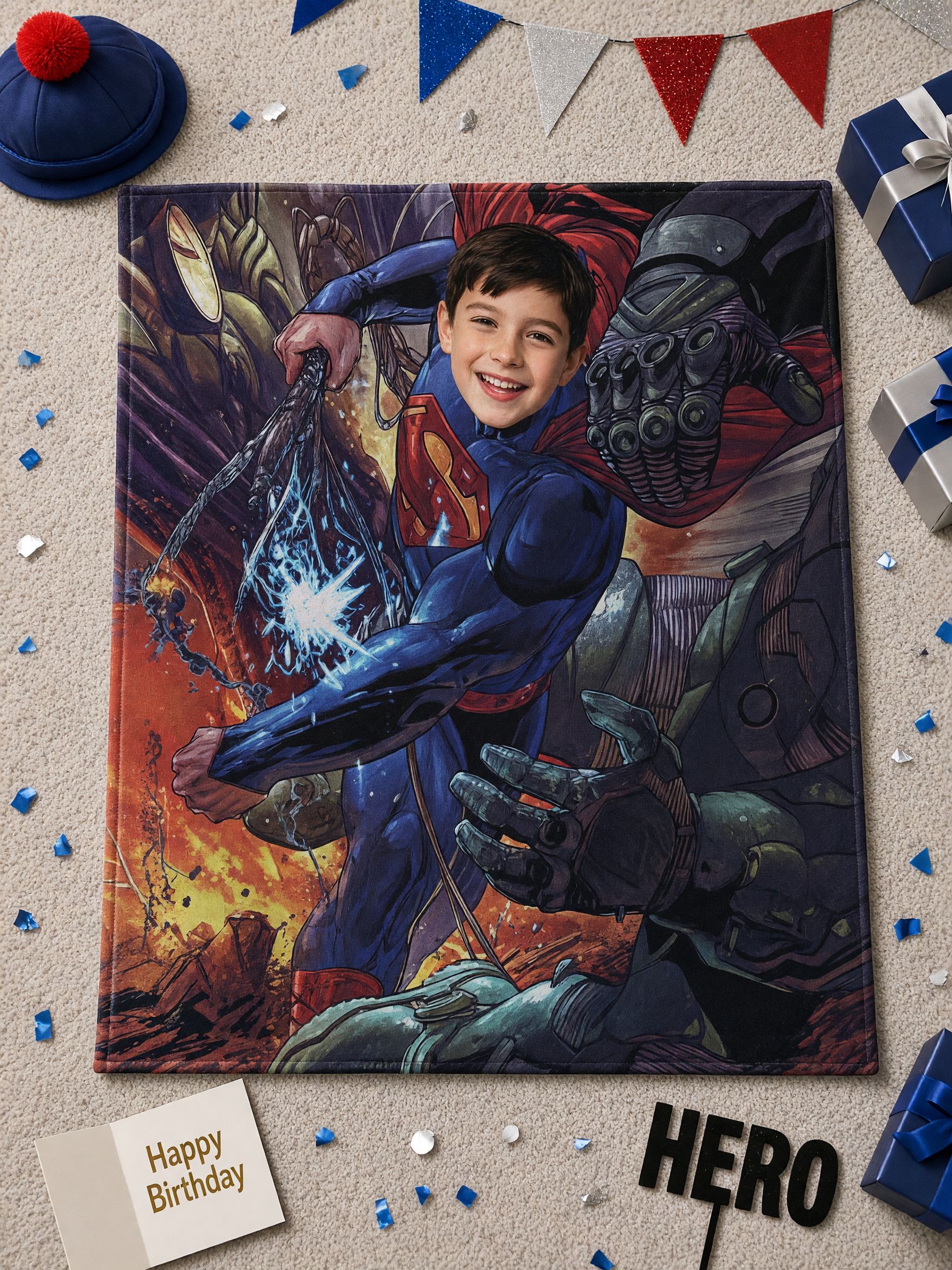 Custom Face Superhero Flannel Blanket, Personalized Comic Picture Plush Throw, Warm Keepsake Gift for Kids & Adults