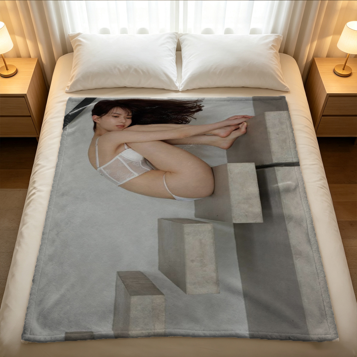 A woman in black fishnet bodysuit and thigh-high boots posing on a bed. - Blanket