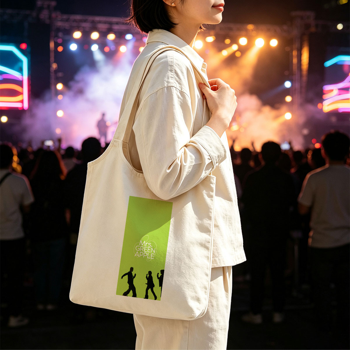 Mrs. GREEN APPLE Band Members Silhouettes Walking on Green Background - Canvas shoulder bags/