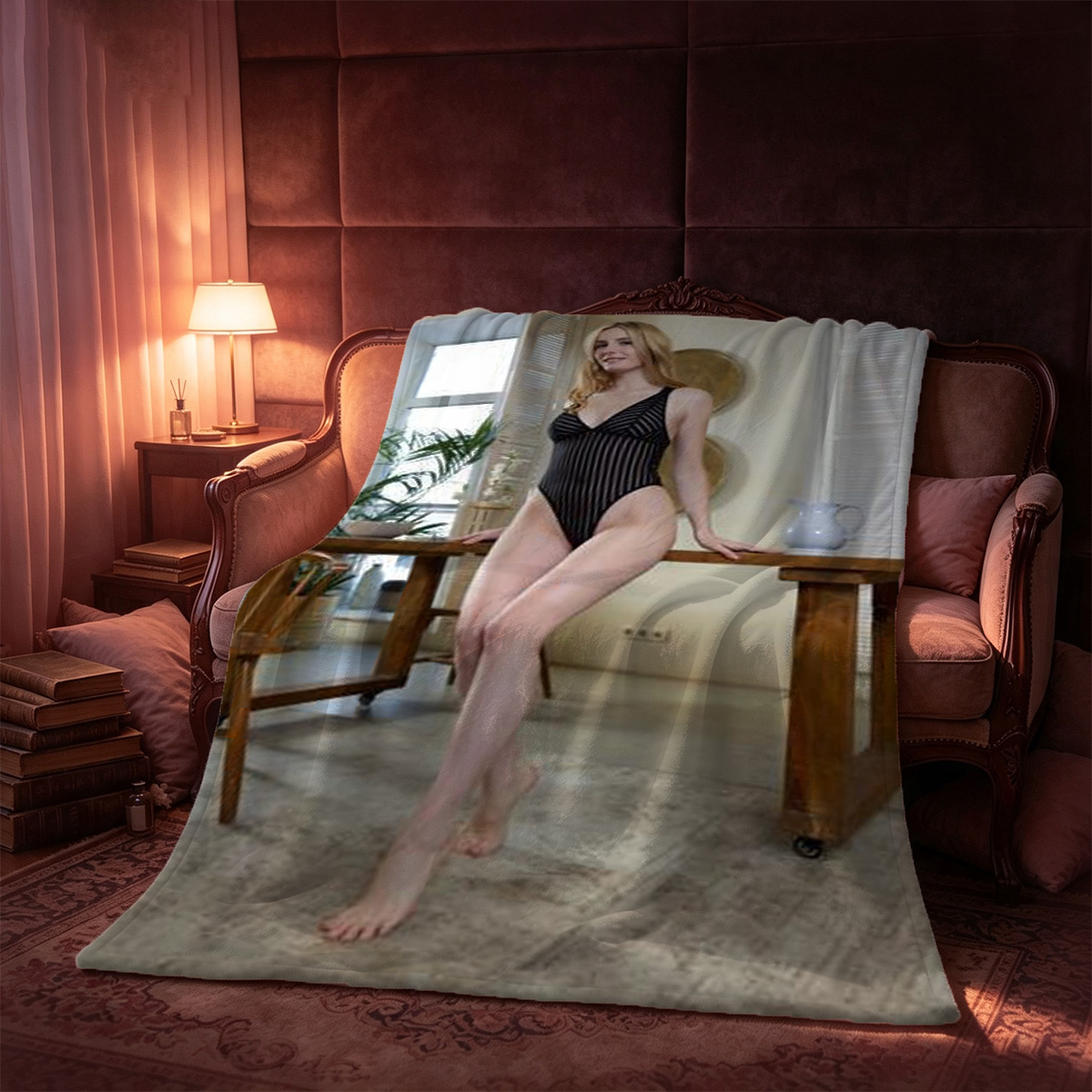 Nude Brunette by the Fireplace - Blanket