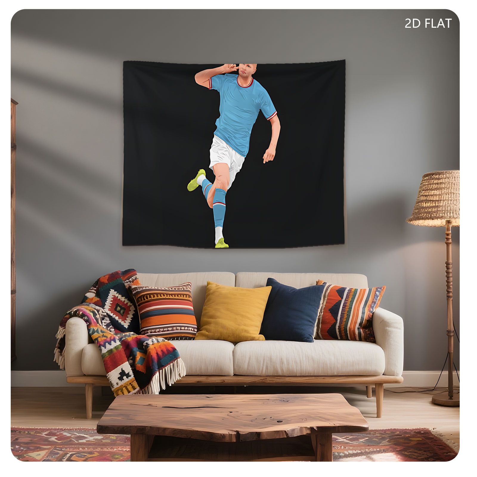 Erling Haaland in Action, Wearing Blue Jersey and White Shorts, Celebrating a Goal with a Finger to the Ear Gesture - Tapestry