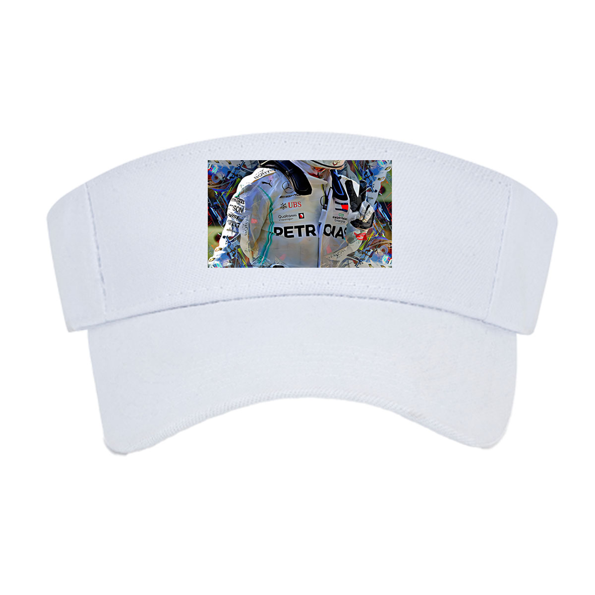 Lewis Hamilton in Mercedes F1 Racing Suit and Helmet, Petronas Sponsorship, Artistic Collage Style -  Visor cap