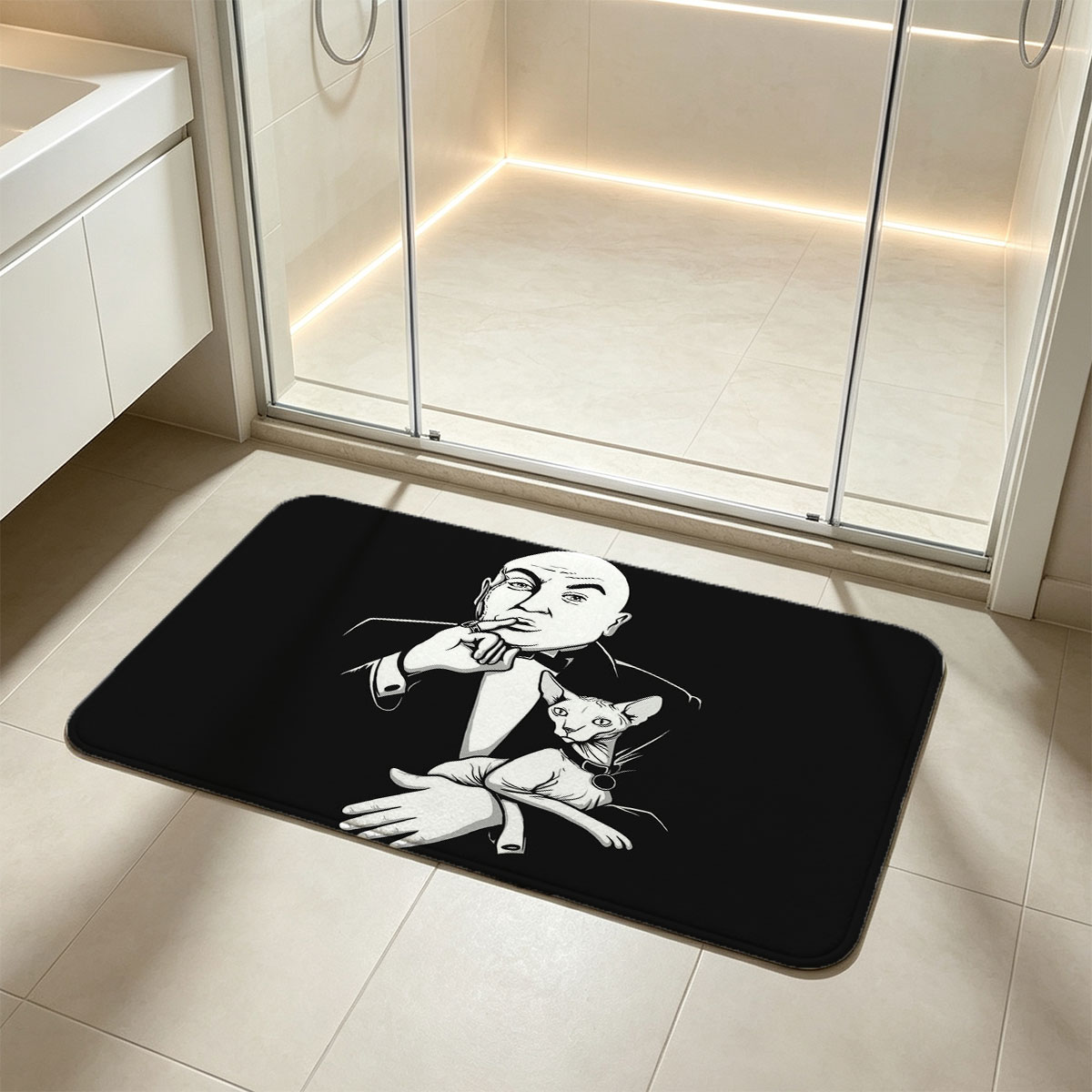 Bald Man in Tuxedo with Sphynx Cat on Hand - Flannel floor mat
