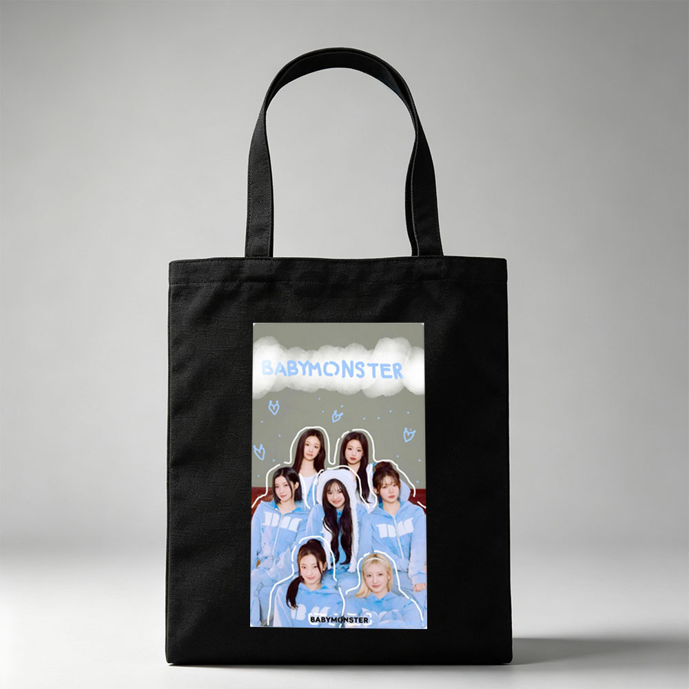 BABYMONSTER Group Photo in Matching Blue Hoodies with Cloud and Heart Design Background - Canvas tote bags