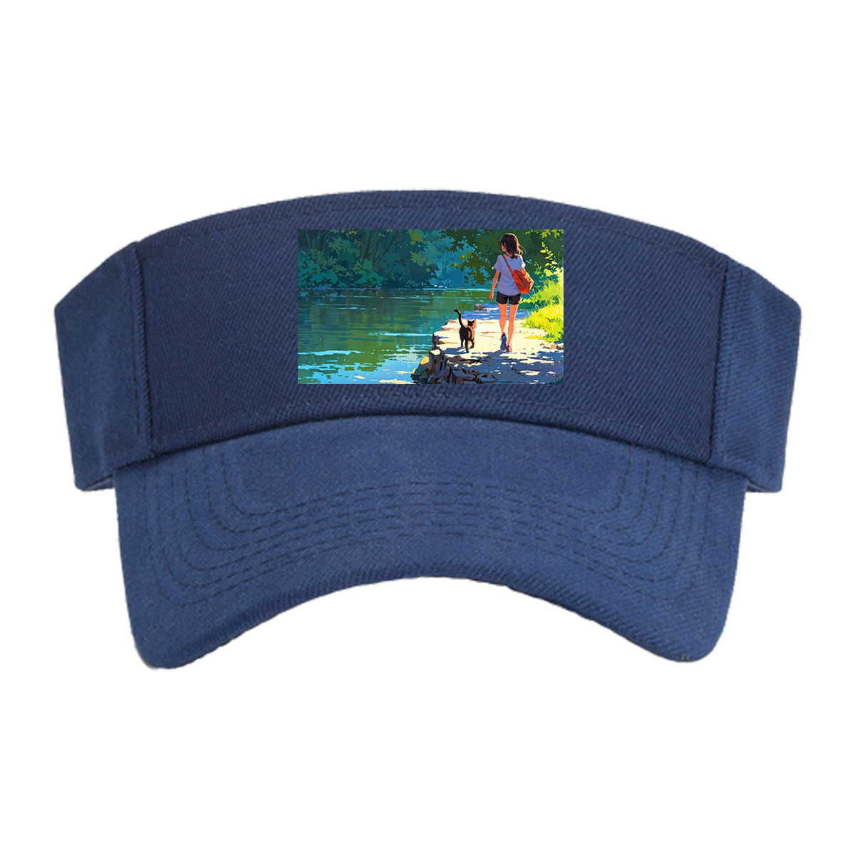 Girl and cat walking by a serene lakeside path -  Visor cap