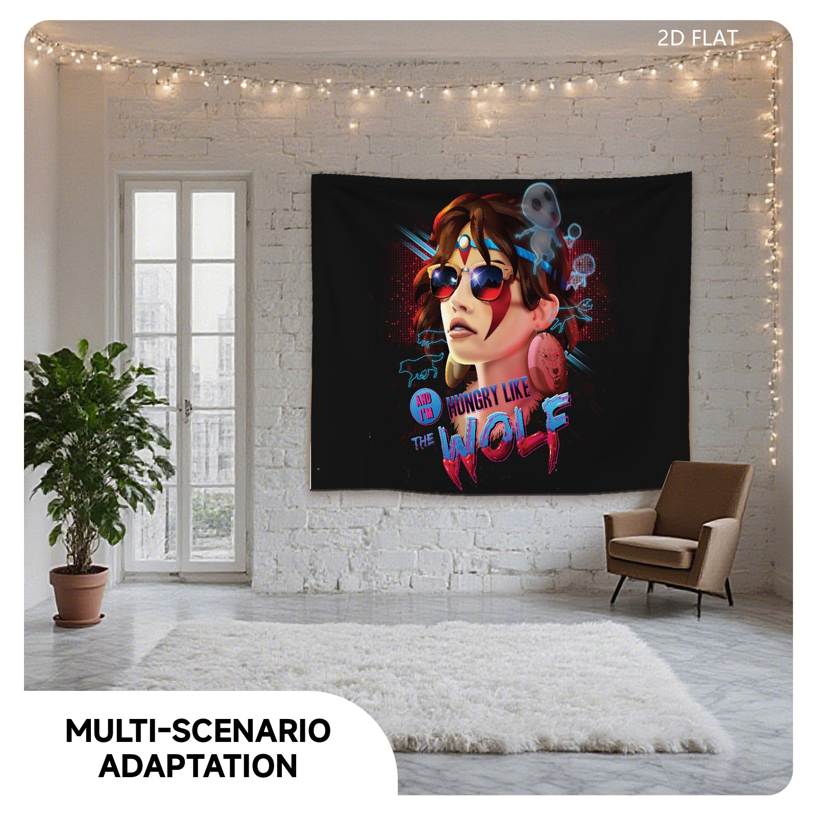 Hungry Like the Wolf: Neon-Style Portrait with Sunglasses and Ghostly Elements - Tapestry
