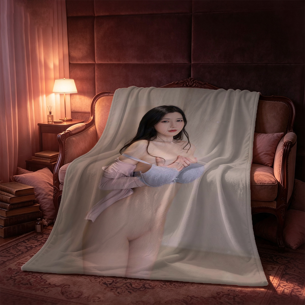 Nude Asian beauty in black fishnet stockings on all fours under neon light - Blanket