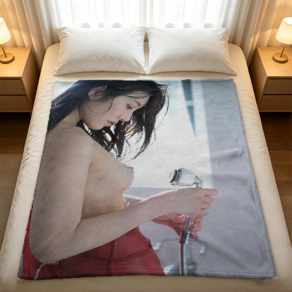 Nude woman with long wavy hair posing in a kitchen. - Blanket