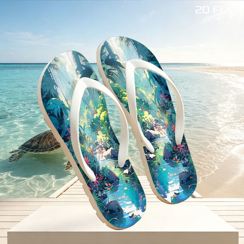 Lush Jungle Stream with Vibrant Flowers and Dappled Light -  flip-flops