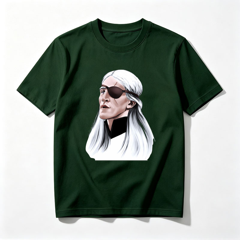 White-Haired Man with Eye Patch, Long Hair, Dark Clothing, Profile View - Tee