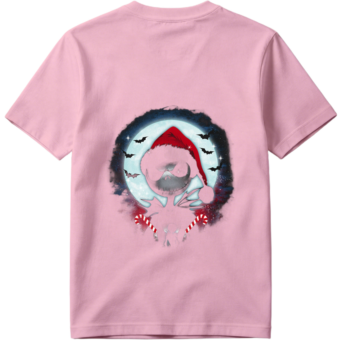Jack Skellington in Santa Hat with Candy Canes Against Moonlit Sky - Tee