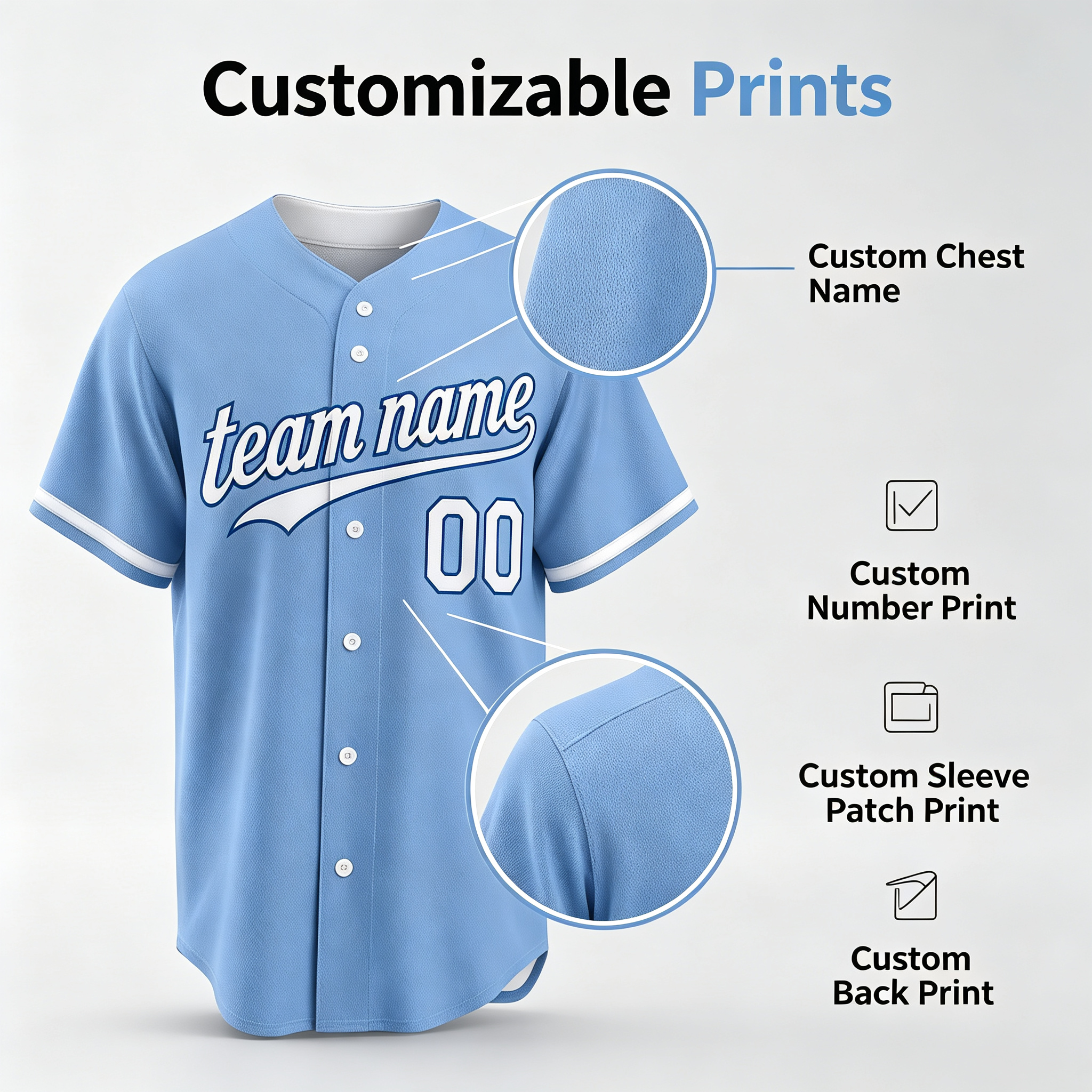 Custom Printed Kansas City Script Style Baseball Jersey Powder Blue White Trim Button Down Shirt for Men and Women
