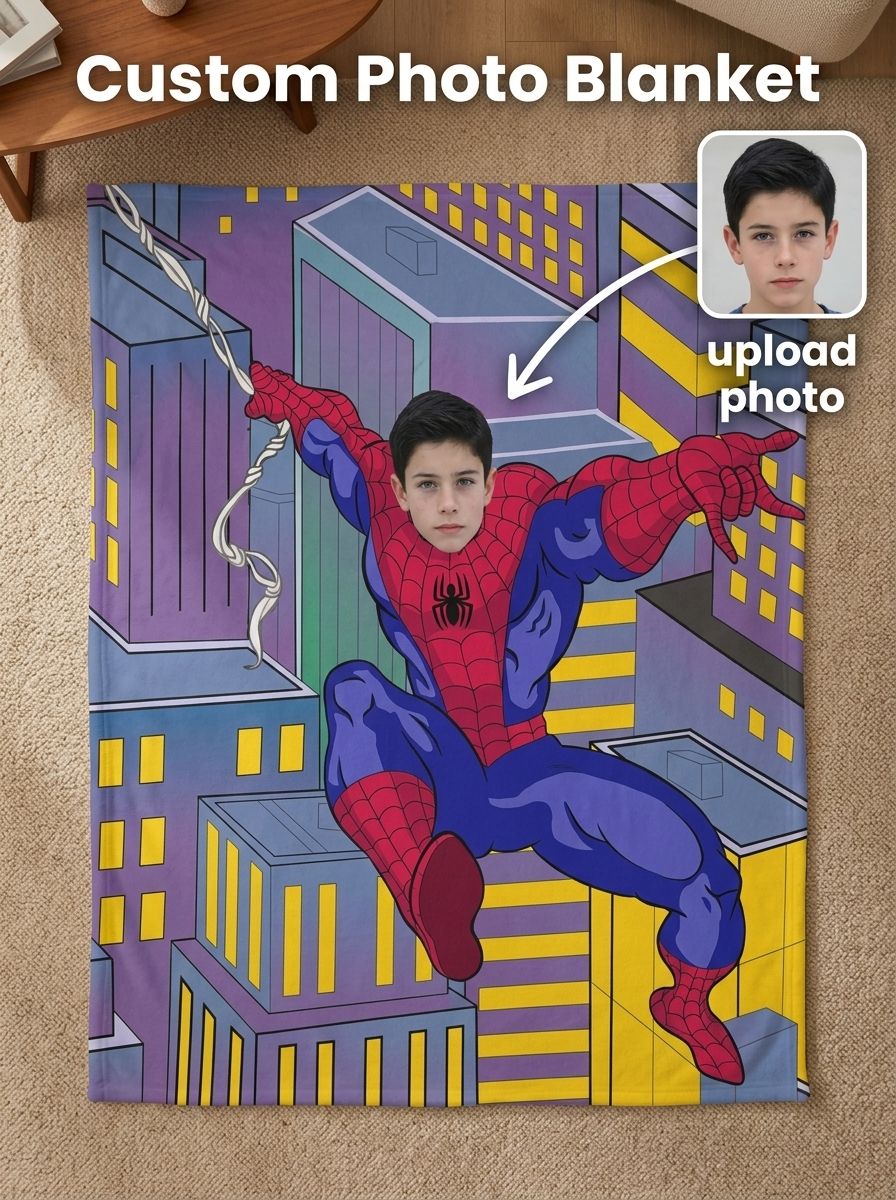 Personalized Superhero Photo Blanket Custom Face Soft Flannel Throw Cozy Birthday Gift for Kids and Superhero Fans