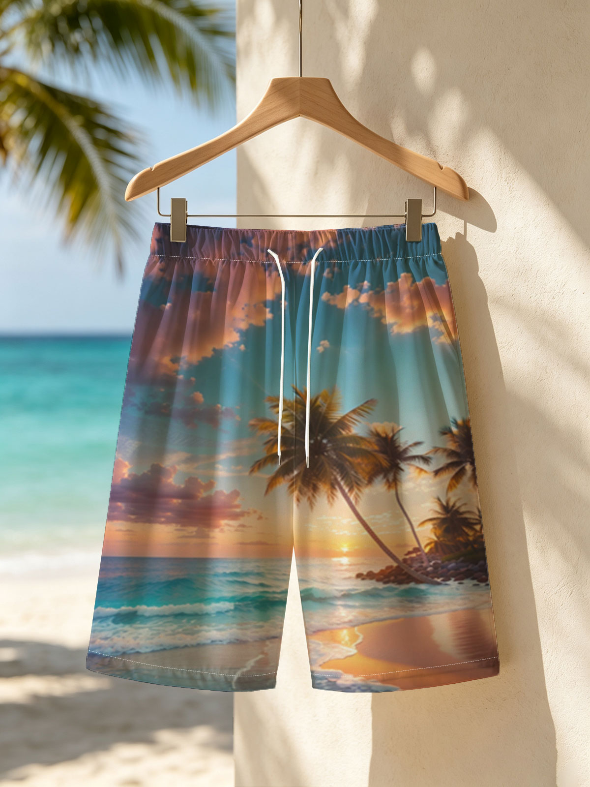 Tropical sunset with palm trees and waves on a sandy beach -  Beach shorts