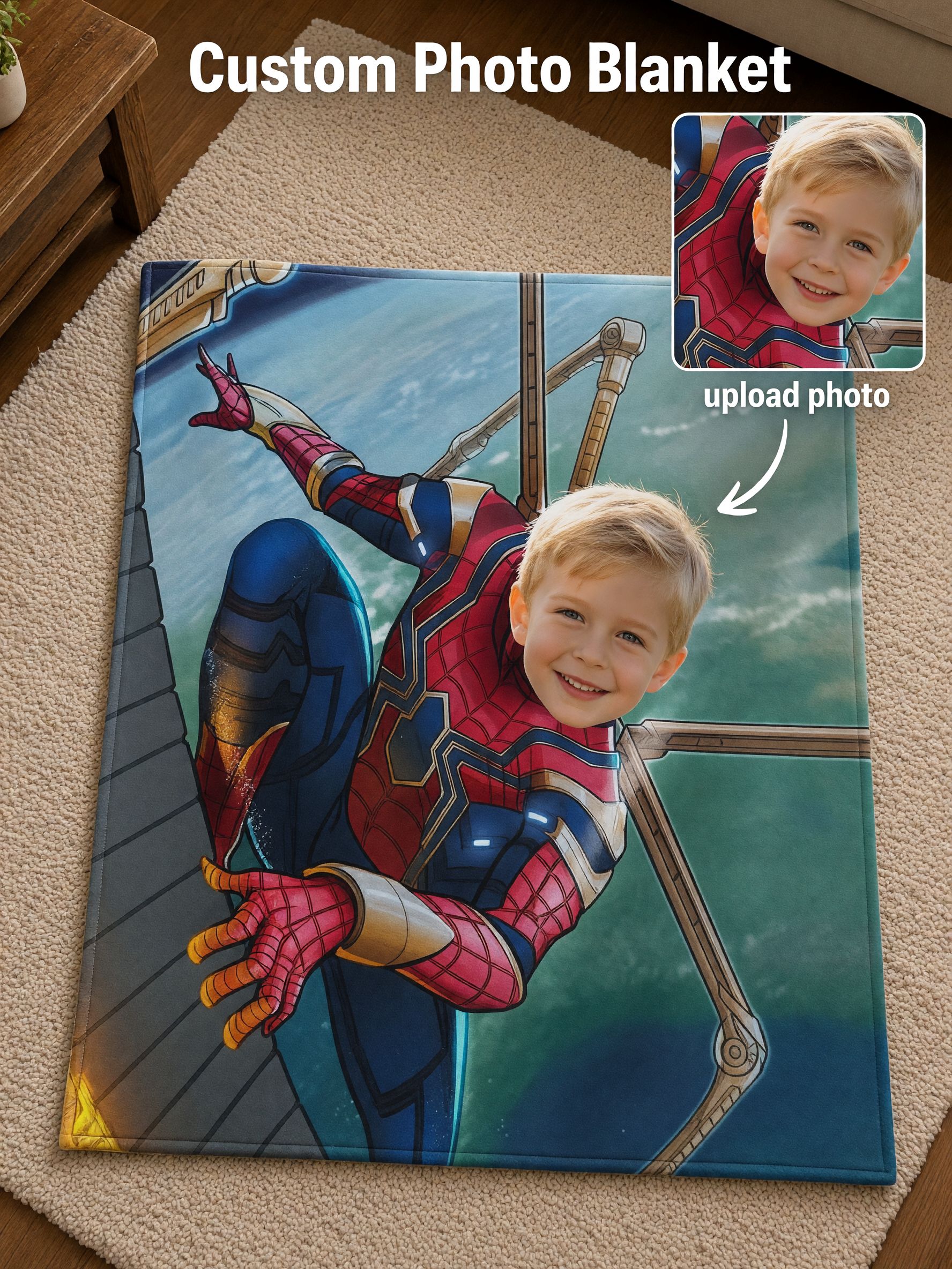 Custom Face Photo Superhero Flannel Fleece Blanket, Ultra Soft Warm Throw for Bed Sofa, Ideal Personalized Gift