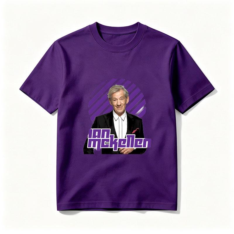 Ian McKellen in a formal suit with a purple and black striped background - Tee