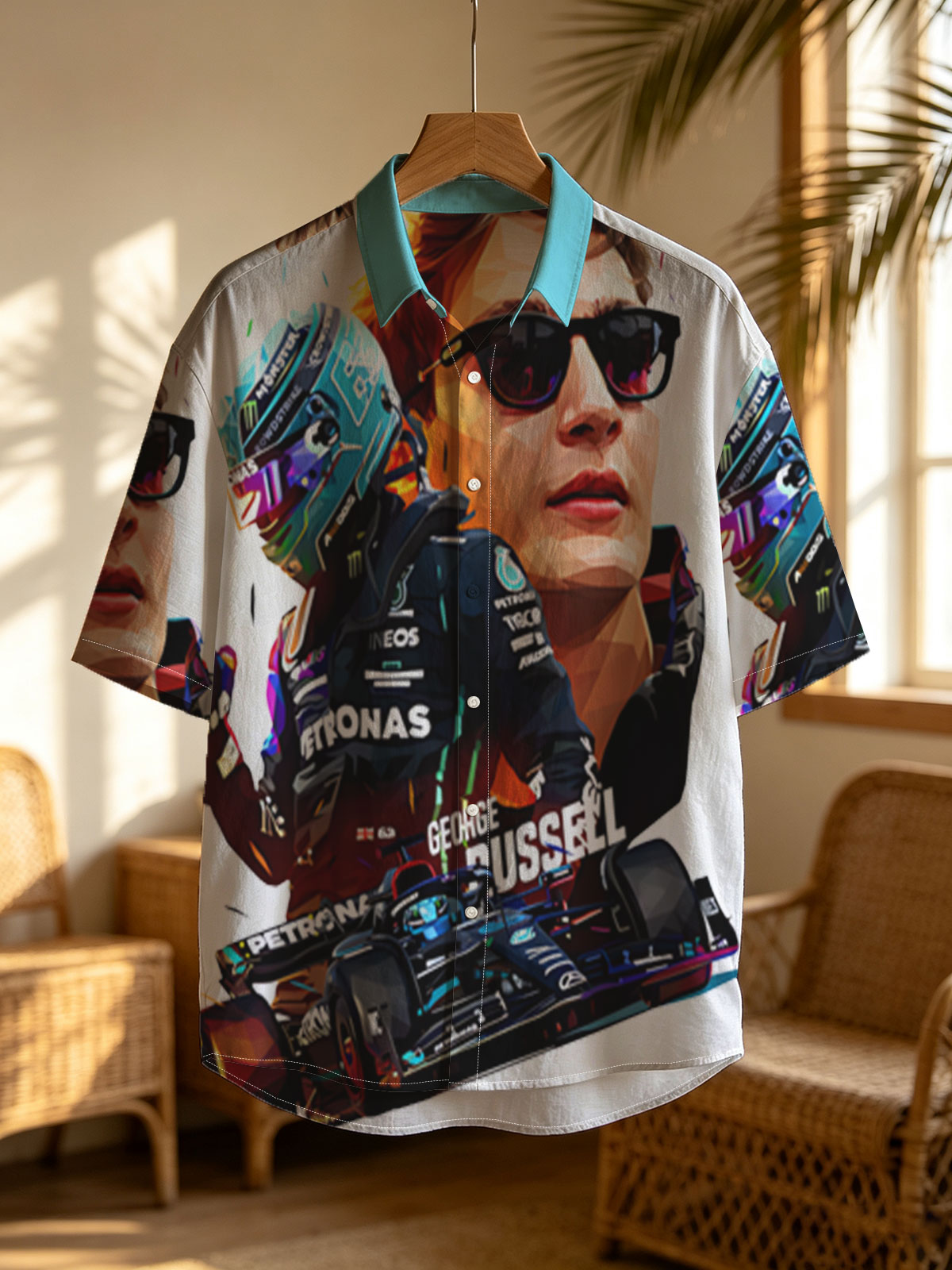 George Russell F1 Driver in Petronas Racing Gear with Formula 1 Car -  Shirt