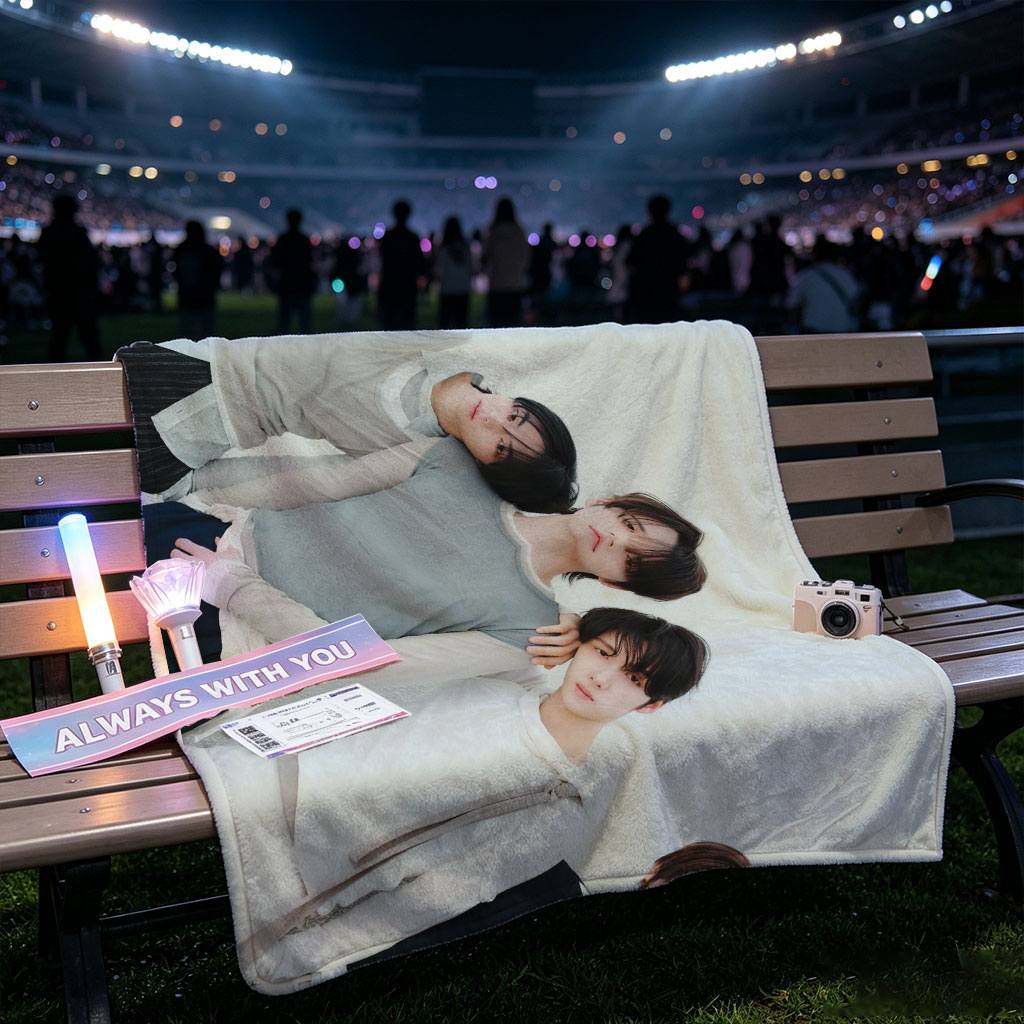 TOMORROW X TOGETHER Members Lying on White Background in Coordinated Outfits - Blankets