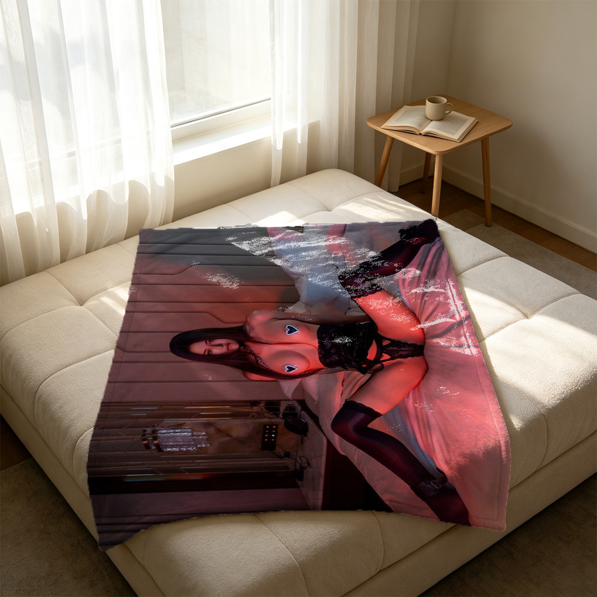 Two nude women embracing on bed, one blonde one redhead. - Blanket