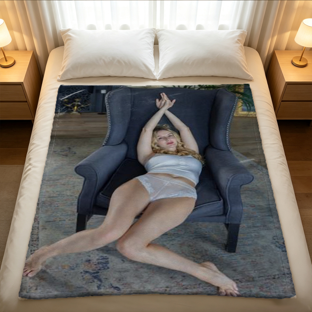 A woman in a blue and white off-shoulder jacket and thong posing by the window. - Blanket
