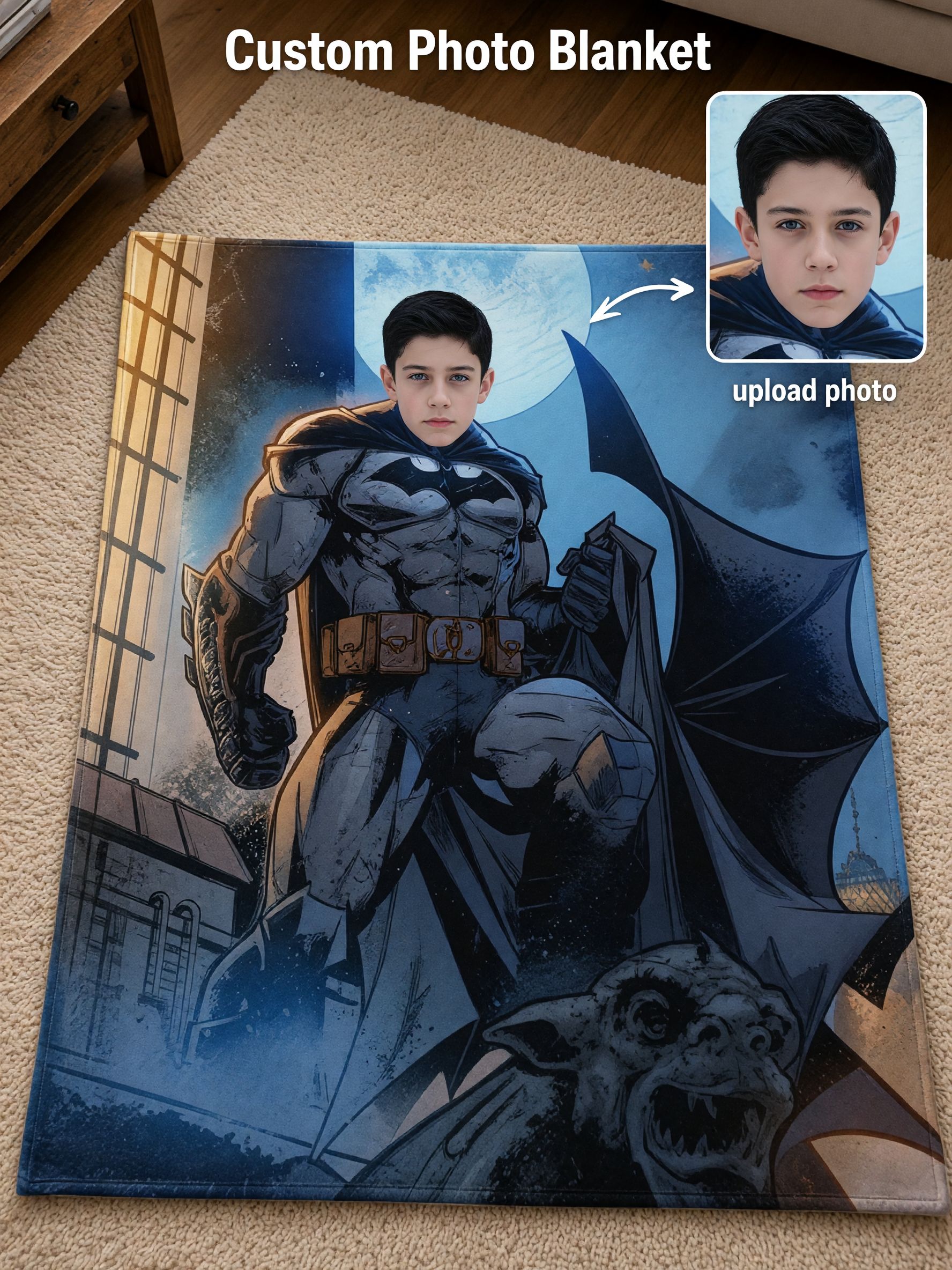 Custom Face Superhero Fleece Blanket Personalized Photo Throw for Kids Adults Soft Flannel Hero Comic Keepsake Gift