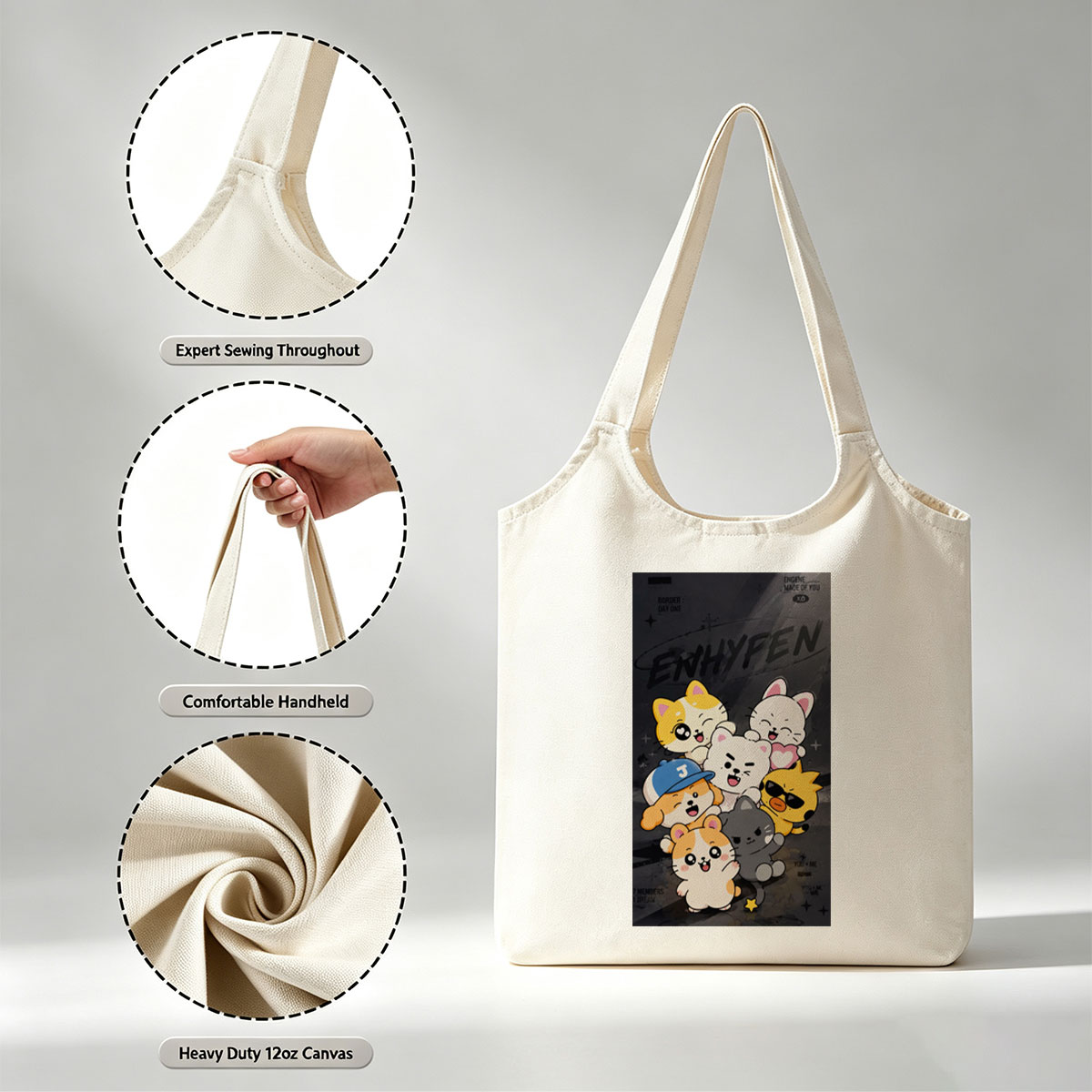 ENHYPEN Cute Cartoon Cats Group Pose on Dark Background Wallpaper - Canvas shoulder bags/