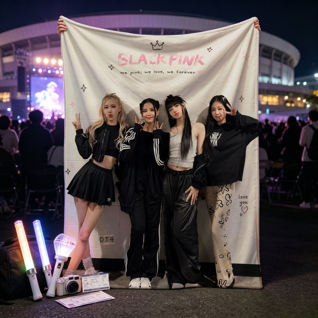 BLACKPINK Group Photo - Four Members Posing in Stylish Outfits Against a Pink-Themed Wall with 