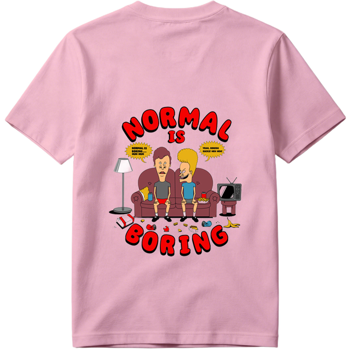 Normal Is Boring: Two Cartoon Characters on Couch with Chaos Around - Tee