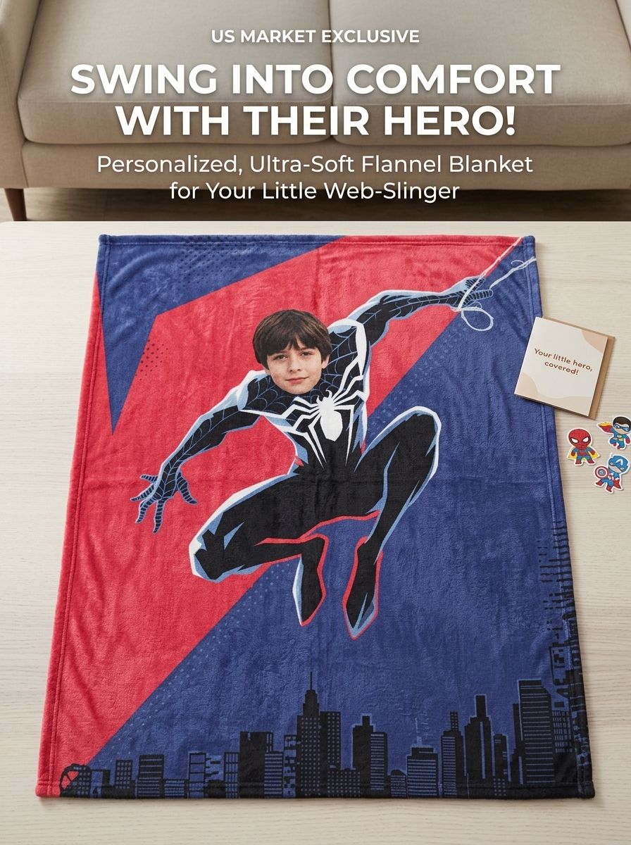 Custom Photo Superhero Flannel Blanket Ultra Soft Personalized Face Throw Blanket for Kids and Teens Bedding Decor