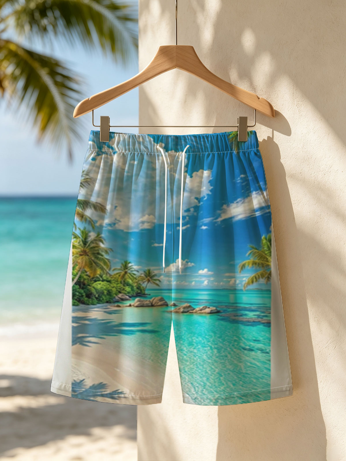 Tropical Beach with Crystal Clear Water and Palm Trees -  Beach shorts