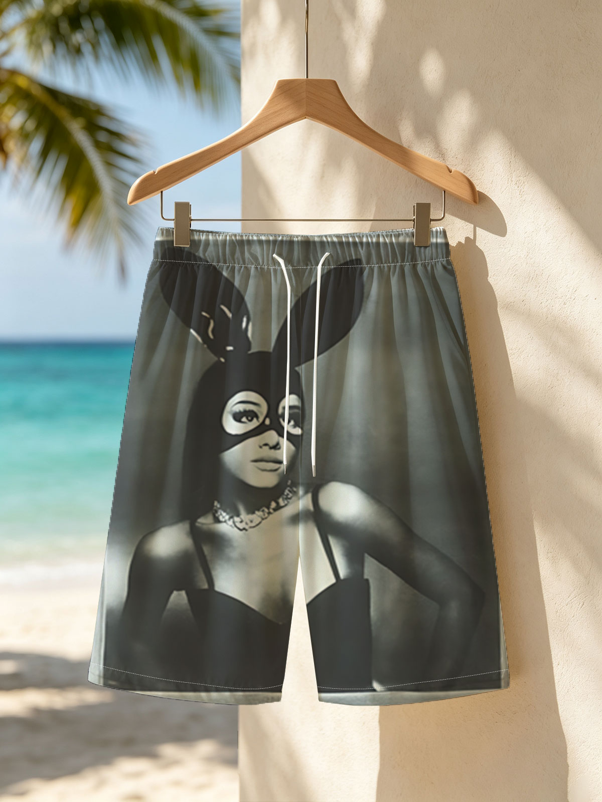 Bunny Masked Woman in Black Dress with Pearl Necklace -  Beach shorts
