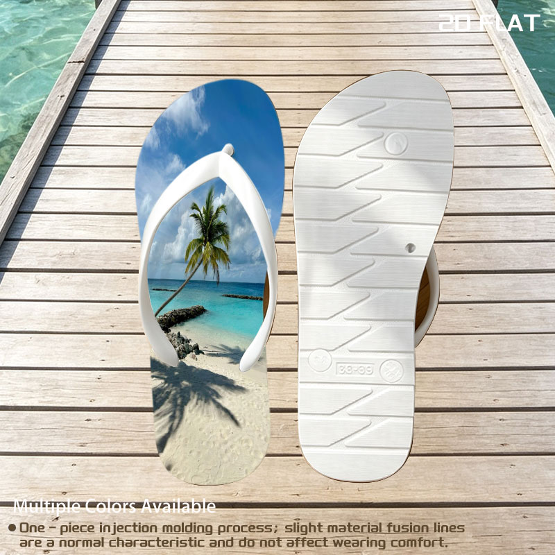 Tropical beach with palm tree leaning over turquoise water and white sand under blue sky. -  flip-flops