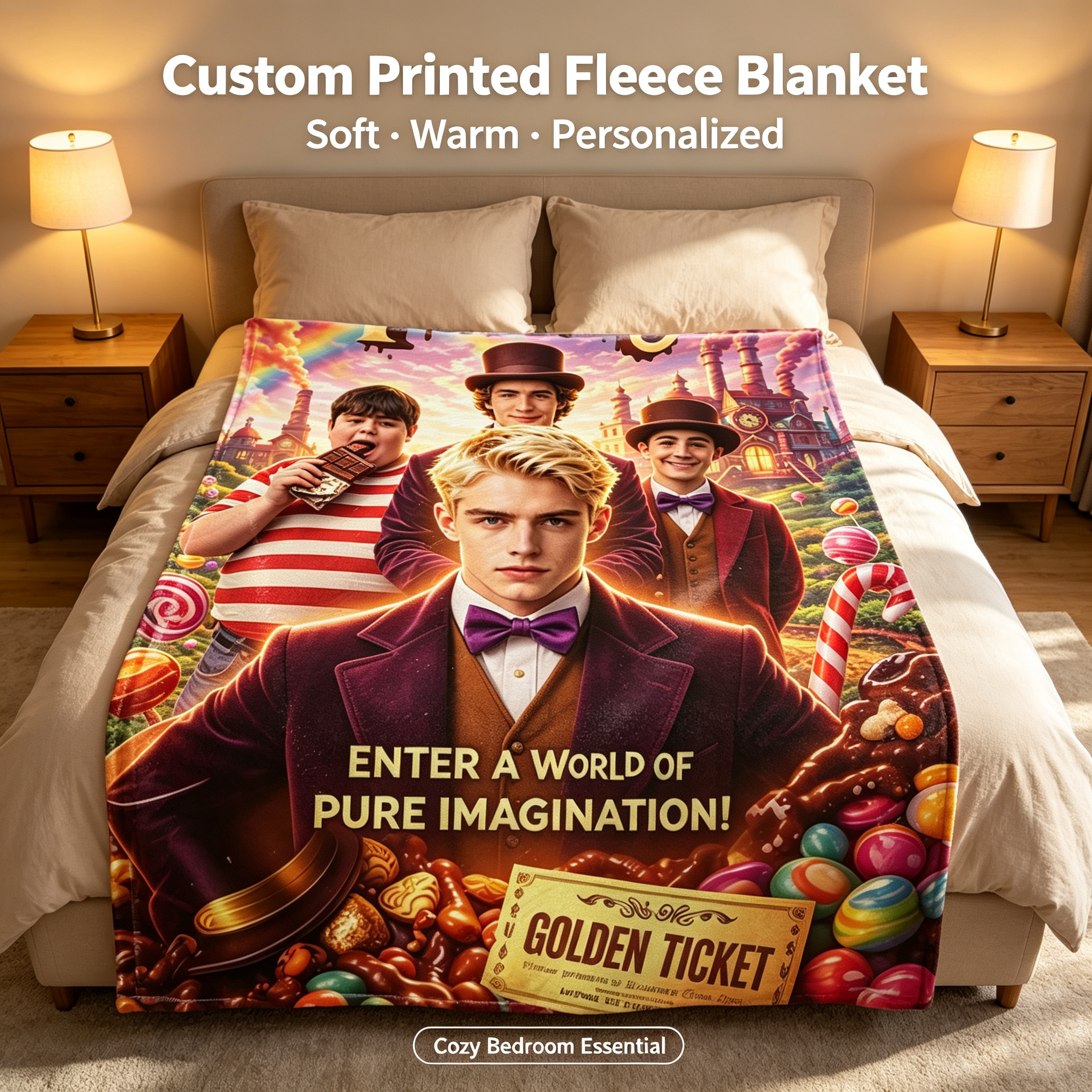 Custom Face Blanket Chocolate Factory Movie Character Flannel Blanket for Kids and Adults – Perfect Gift for Fans of Fantasy Movies and Imaginative Adventures